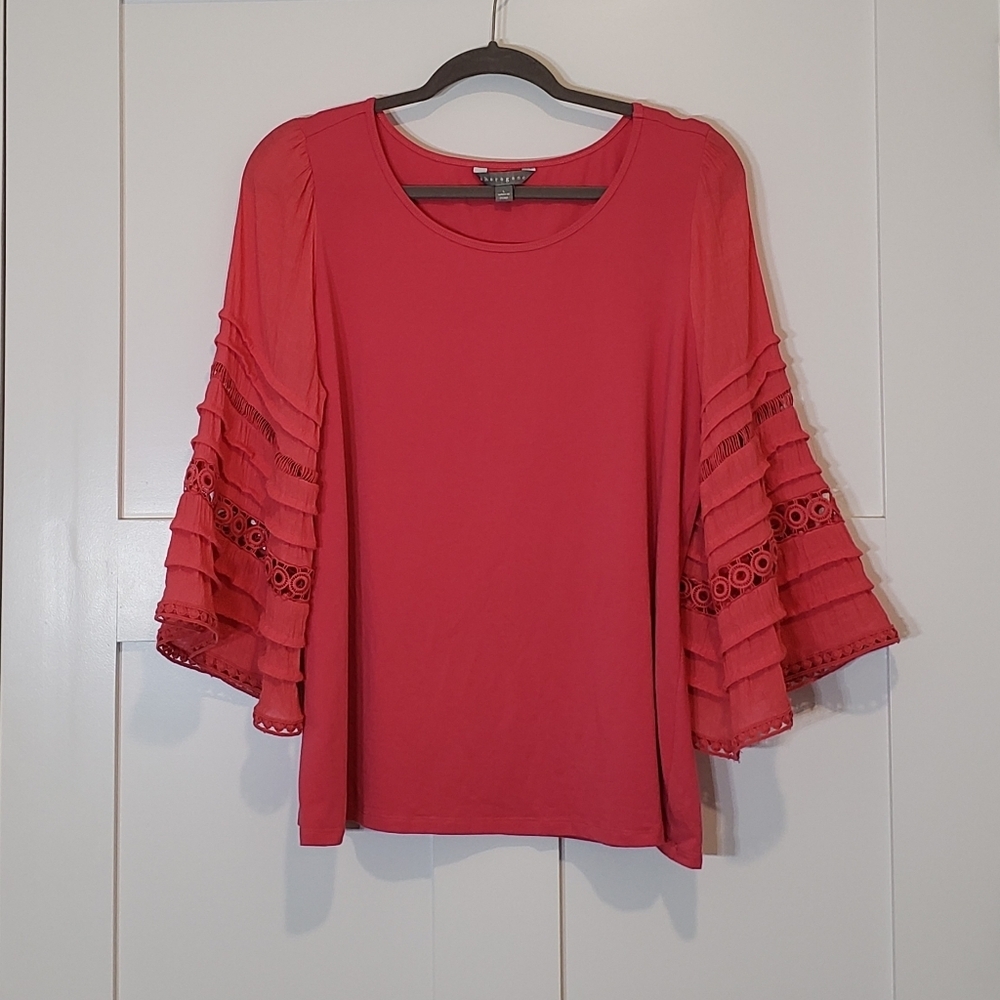 Sharagano Crocheted Lace Top Size Large Stretch Bell Sleeves Crinkled Cotton
